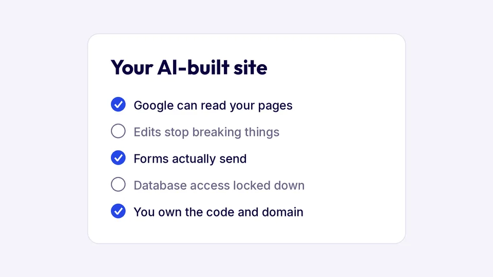 Checklist of the five things to check on an AI-built website