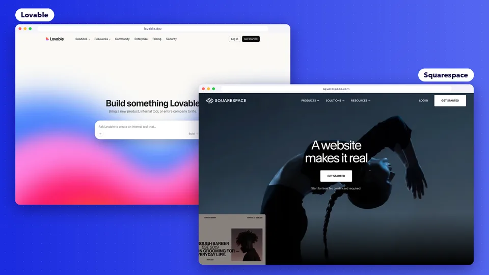Lovable and Squarespace homepages side by side